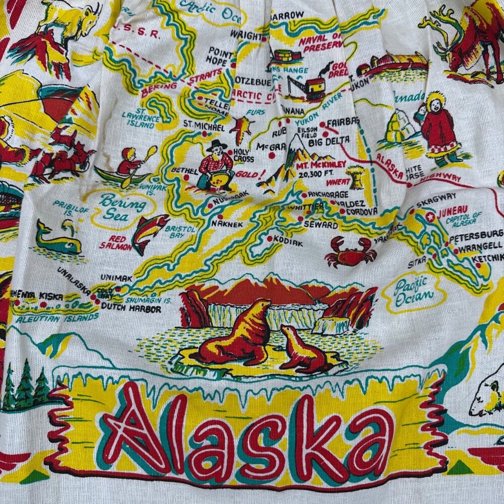 Vintage Alaska Souvenir Apron Map Cactus Cloth Mid Century Kitsch Yellow Red - Picture 4 of 9